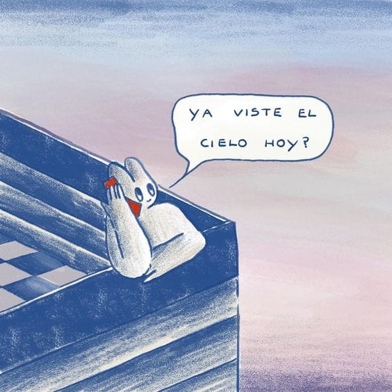 a drawing of a rabbit-like creature saying "ya viste el cielo hoy?" into a red phone. the rest of the image is in soft blue and pink gradients.