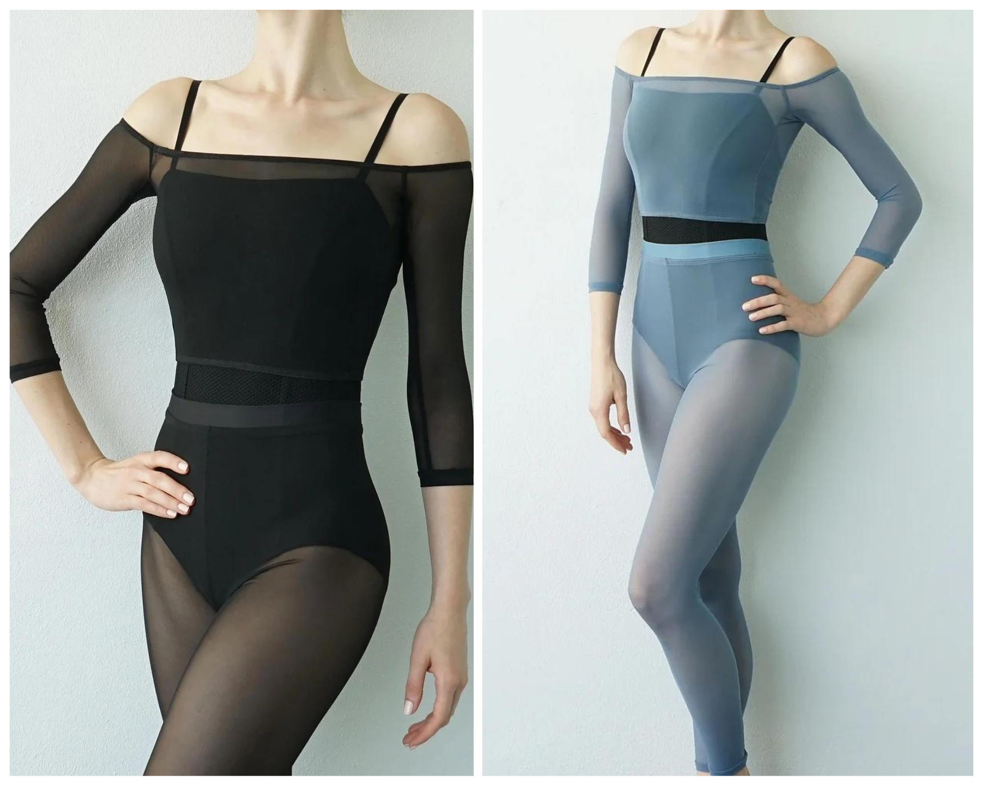 two images in a collage, both showing the body of a thin white woman wearing a mesh top and leggings over a leotard. one set is black and one is blue.